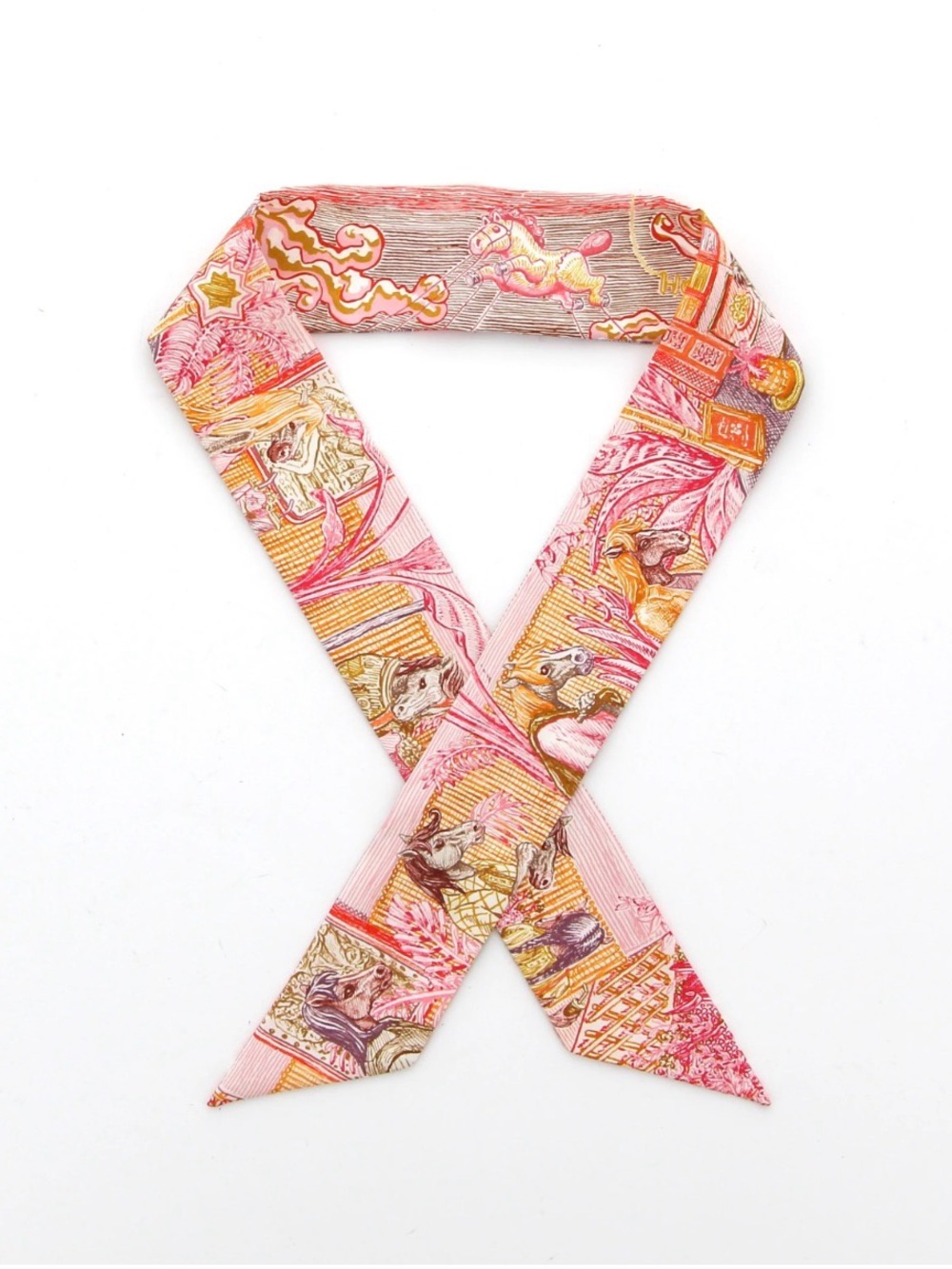 Hermes “City of Light” Silk Twilly Scarf in Rose / Jaune D’or / Rouge Colorway